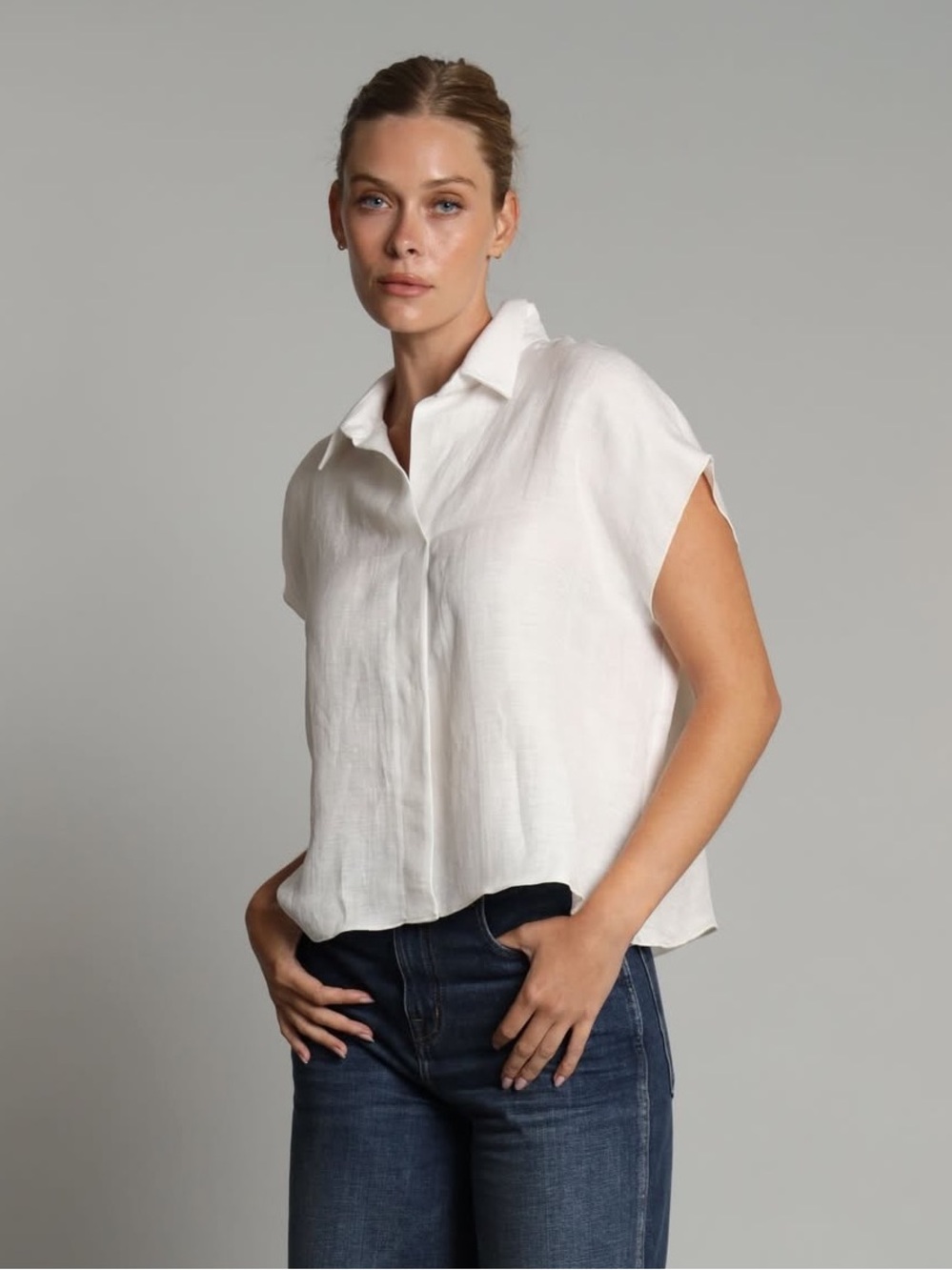 STEVEN ALAN Linen White Short-Sleeve Button-Front Shirt Size Small